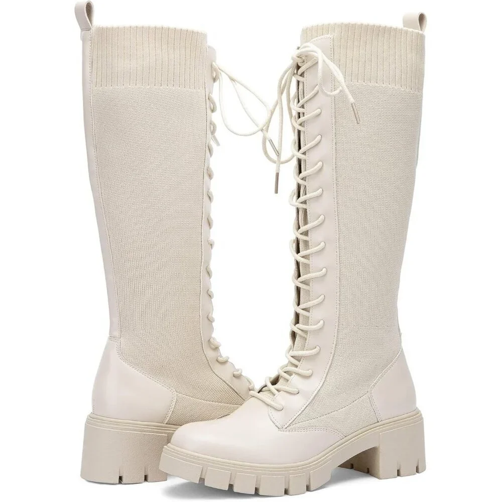 Women's Beige 953 Chunky Platform Heel Lace Gothic Knee High Combat Boots